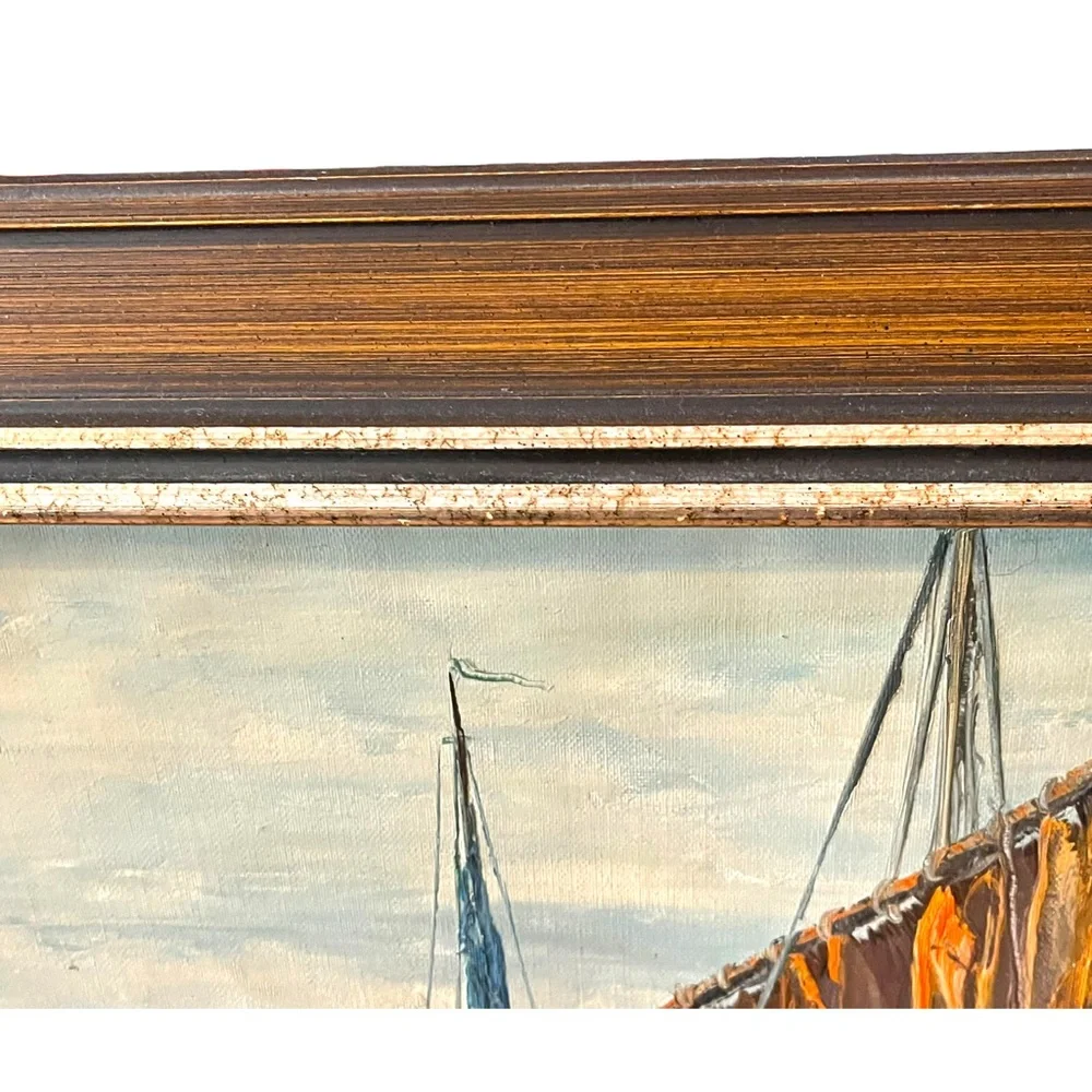 Vintage Nautical Oil Painting on Canvas Signed ROBERTO Sail boats Mid Century - Picture 11 of 12